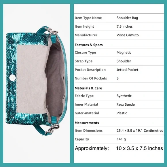 Vince Camuto sequin shoulder bag- Livy-Quetzal Teal NWT $158 Emerald Blue-Green - Picture 3 of 14